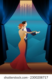 man and woman dancing in the background of the window, party, art deco, couple dressed in retro style
