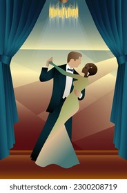 man and woman dancing in the background of the window, party, art deco, couple dressed in retro style
