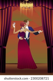 man and woman dancing in the background of the window, party, art deco, couple dressed in retro style