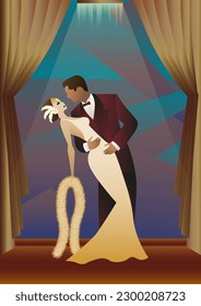 man and woman dancing in the background of the window, party, art deco, couple dressed in retro style