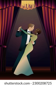 man and woman dancing in the background of the window, party, art deco, couple dressed in retro style