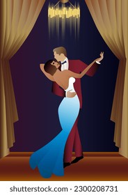 man and woman dancing in the background of the window, party, art deco, couple dressed in retro style