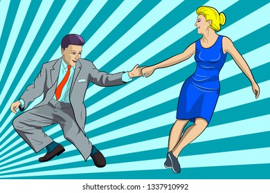 A man and a woman are dancing boogie woogie. Vector image on the background of blue rays, in the style of pop art.