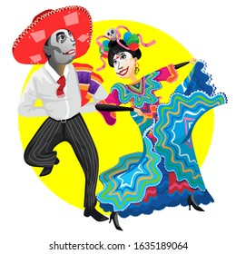 Man and woman dancing, celebrating Day of the dead . Dia de los muertos carnival
