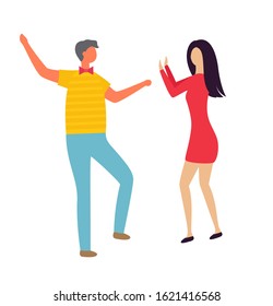 Man and woman dancing in club isolated. Vector couple having fun flat style, dancers moving in rhythm, people leading active night life, happy dating lovers
