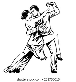 Man and woman dancing couple tango retro line art. Man and woman dancing couple tango retro line art. Graphics the emotions of love and hobby