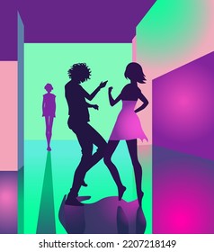 Man and woman dancing at disco club, neon lighting, retro style 1980 palette, minimalist silhouettes fashion illustration, concepts of dating, nightlife, relationships, love for music