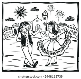 Man and woman dancing at a São João festival in the interior of Brazil. Vector illustration in cordel woodcut style.