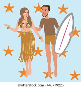 man woman dancing Hawaii while holding surfing board vector