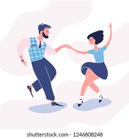 Man and woman dancing lindy hop in retro style clothes. Vector illustration in flat style.