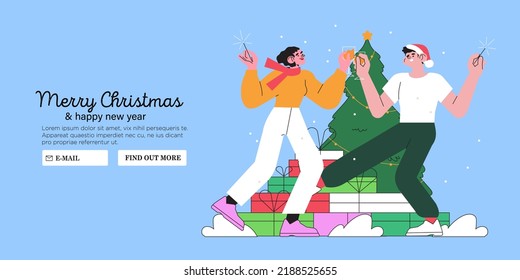 Man and woman dancing near christmas tree and drinking champaign. People celebrate christmas or new year at work, office or having party at home. Creative banner, web page, social media greeting post.