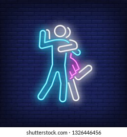 Man and woman dancing neon sign. Dance studio or performance design. Night bright neon sign, colorful billboard, light banner. Vector illustration in neon style.