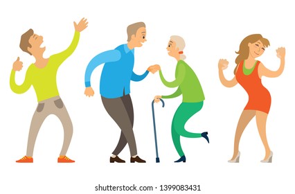 Man and woman dancing in nightclub vector, old male and female with stick, elderly people and young characters having fun at disco party flat style