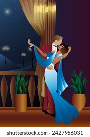 Man and woman dancing on the background of a balcony and lanterns, party, art deco, couple in retro style