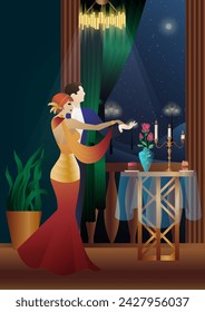 Man and woman dancing on the background of a balcony and lanterns, party, art deco, couple in retro style
