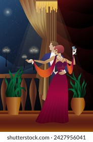 Man and woman dancing on the background of a balcony and lanterns, party, art deco, couple in retro style