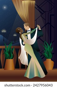 Hombre y mujer bailando en el fondo de un balcón y faroles, fiesta, art deco, pareja en estilo retro