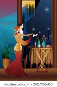Man and woman dancing on the background of a balcony and lanterns, party, art deco, couple in retro style