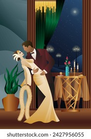 Man and woman dancing on the background of a balcony and lanterns, party, art deco, couple in retro style