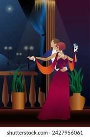 Man and woman dancing on the background of a balcony and lanterns, party, art deco, couple in retro style
