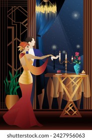 Man and woman dancing on the background of a balcony and lanterns, party, art deco, couple in retro style