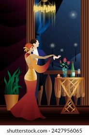 Man and woman dancing on the background of a balcony and lanterns, party, art deco, couple in retro style