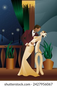 Man and woman dancing on the background of a balcony and lanterns, party, art deco, couple in retro style