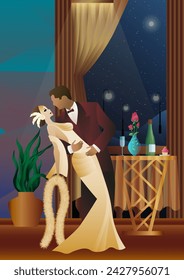 Man and woman dancing on the background of a balcony and lanterns, party, art deco, couple in retro style