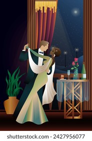 Man and woman dancing on the background of a balcony and lanterns, party, art deco, couple in retro style