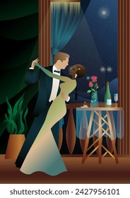 Man and woman dancing on the background of a balcony and lanterns, party, art deco, couple in retro style