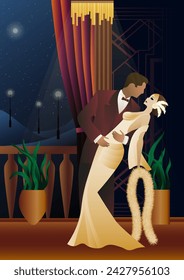 Man and woman dancing on the background of a balcony and lanterns, party, art deco, couple in retro style