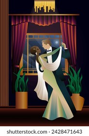 Man and woman dancing on the background of a window and lanterns, party, art deco, couple in retro style