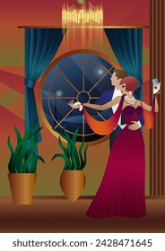 Man and woman dancing on the background of a window and lanterns, party, art deco, couple in retro style