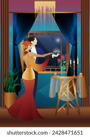 Man and woman dancing on the background of a window and lanterns, party, art deco, couple in retro style