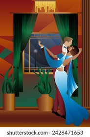 Man and woman dancing on the background of a window and lanterns, party, art deco, couple in retro style