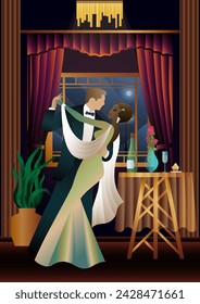 Man and woman dancing on the background of a window and lanterns, party, art deco, couple in retro style