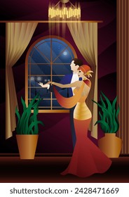 Man and woman dancing on the background of a window and lanterns, party, art deco, couple in retro style