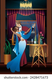 Man and woman dancing on the background of a window and lanterns, party, art deco, couple in retro style