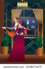 Man and woman dancing on the background of a window and lanterns, party, art deco, couple in retro style