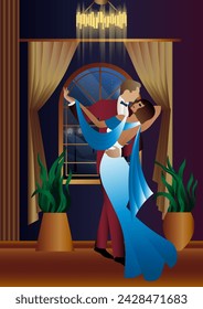 Man and woman dancing on the background of a window and lanterns, party, art deco, couple in retro style