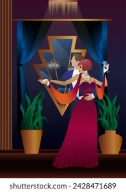 Man and woman dancing on the background of a window and lanterns, party, art deco, couple in retro style