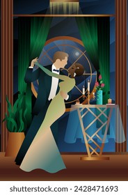 Man and woman dancing on the background of a window and lanterns, party, art deco, couple in retro style