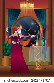 Man and woman dancing on the background of a window and lanterns, party, art deco, couple in retro style