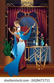 Man and woman dancing on the background of a window and lanterns, party, art deco, couple in retro style