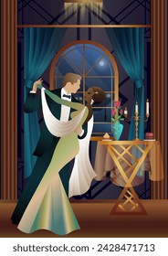 Man and woman dancing on the background of a window and lanterns, party, art deco, couple in retro style