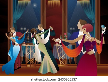 Man and woman dancing on the background of a balcony and lanterns, party, art deco, couple in retro style