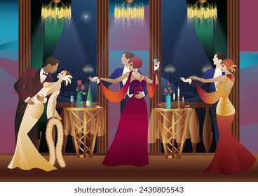 Man and woman dancing on the background of a balcony and lanterns, party, art deco, couple in retro style