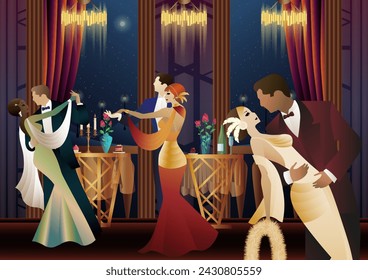 Man and woman dancing on the background of a balcony and lanterns, party, art deco, couple in retro style