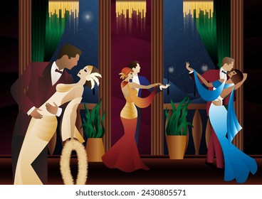 Man and woman dancing on the background of a balcony and lanterns, party, art deco, couple in retro style