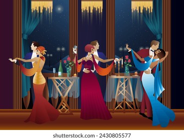 Man and woman dancing on the background of a balcony and lanterns, party, art deco, couple in retro style